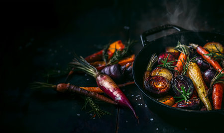Creative food template. Steaming hot with smoke Black cast iron skillet pan roasted root vegetables, carrot turnips parsnip onion, herbs rosemary sprigs, sea salt on rustic dark taの写真素材