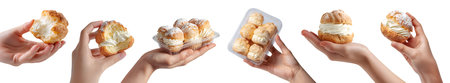 Set of hand holding French Cream Puff, Choux pastry, Choux Ã  la CrÃ¨me bun, plastic clamshell...
