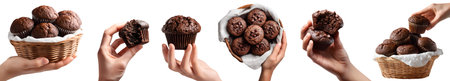 Set of hand holding Chocolate muffin, Rattan basket with napkin, pile group stack bitten broken halved, cutout PNG. Many different style. Mockup for designの写真素材