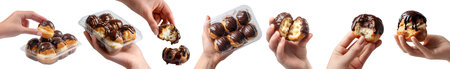 Set of hand holding Profiterole with chocolate ganache Cream Puff pastry pÃ¢te Ã  choux ,...