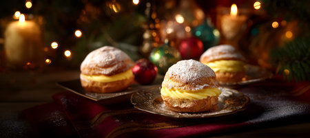 Creative food holiday template. Cream puff donut doughnut on a gold platter plate, vintage cozy...