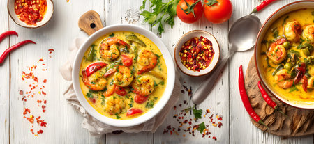 Creative food template. White bowls of creamy Shrimp prawn spicy yellow curry stew gravy with tomato...