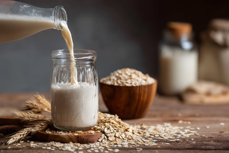 Creative food template. Homemade oat milk pouring into glass jar with whole-grain cereal oat, with wheat plant on rustic wooden table. copy text space. Long banner