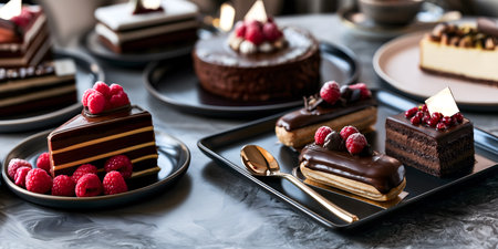 Creative food template. Dark marble table filled with premium luxury handcrafted chocolate cakes slices Eclairs pastry patisserie with berries raspberry fruits, copy text space.