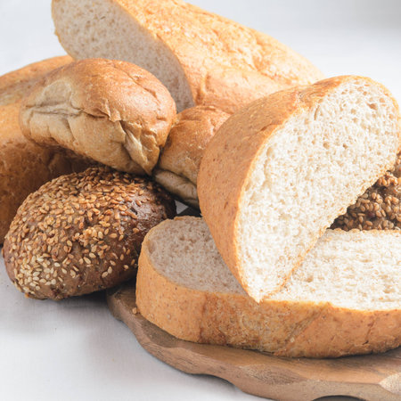 Pieces of bread on a white background