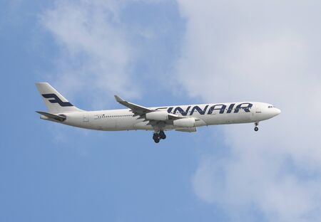 Finnair Plc airbus is taking off in Hong Kongのeditorial素材