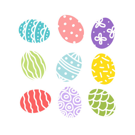 Easter eggs. Colorful bright multicolored decorated egg set. Flat, cartoon, isolatedのイラスト素材