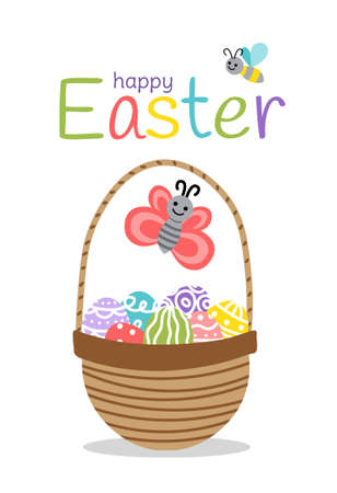 Basket with Easter eggs. Colorful Happy Easter greeting card. Flat, cartoon, isolatedのイラスト素材