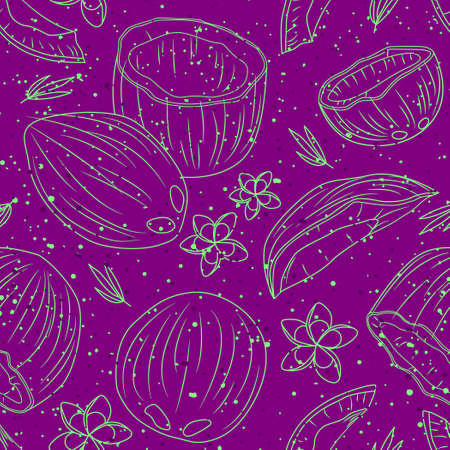 Coconut tropical seamless pattern with plumeria and texture. Outlineのイラスト素材