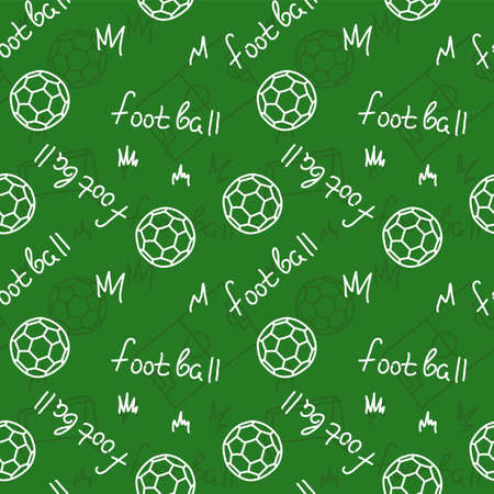 Football doodle seamless pattern with ball, field, gate and grass. Line art, vectorのイラスト素材