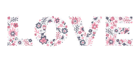 Word Love of doodle flowers and leaves. Hippie word LOVE. Isolatedのイラスト素材