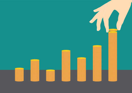 Hand puts gold coin on a stack. Income, profits. Flat, isolated, vectorのイラスト素材