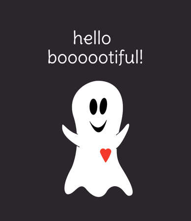 Ghost card. Hello beautiful. Funny ghost with heart for Halloween. Flat, cartoon, vectorのイラスト素材