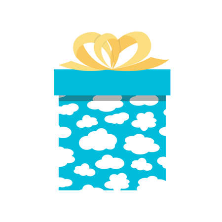 Gift box with clouds. Blue present box with clouds and big yellow bow. Flat, cartoon, vectorのイラスト素材
