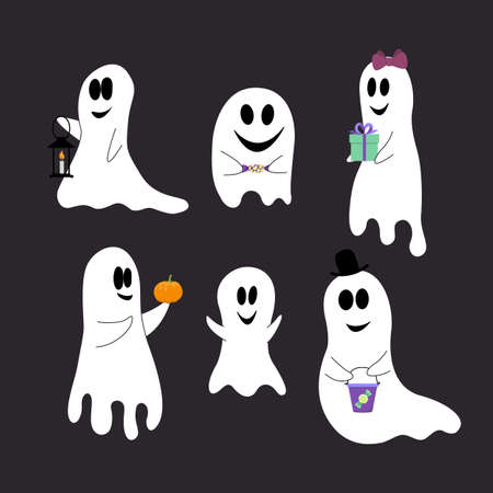 Ghost set. Funny ghosts for Halloween with candies, pumpkins and lantern. Flat, cartoon, vectorのイラスト素材