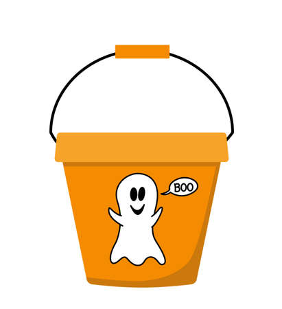 Halloween pail with ghost for candies, sweets. Flat, vectorのイラスト素材