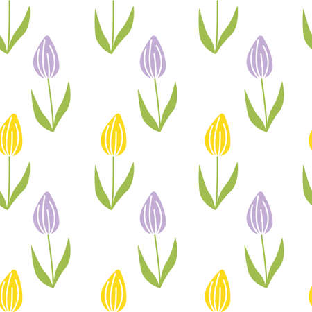 Tulip. Spring seamless pattern with purple and yellow flowers. Flat, cartoon, vectorのイラスト素材
