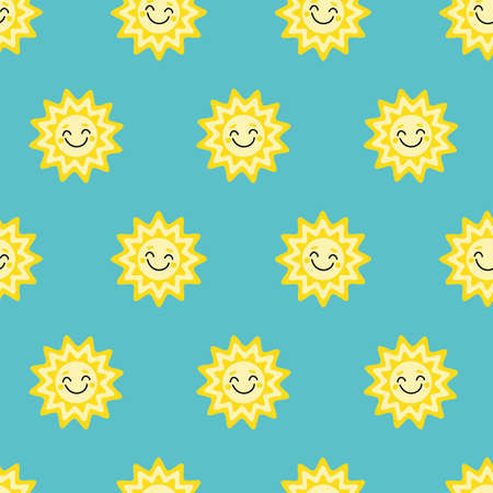 Sun. Seamless pattern with smiling sun on blue background. Flat, cartoon, vector
