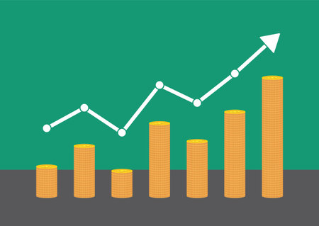Income, profits. Stacks of gold coins with up arrow. Graph of growthのイラスト素材