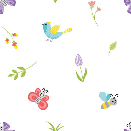 Cute spring seamless pattern with bird, flowers, butterfly and bee. Flat, cartoon, vectorのイラスト素材