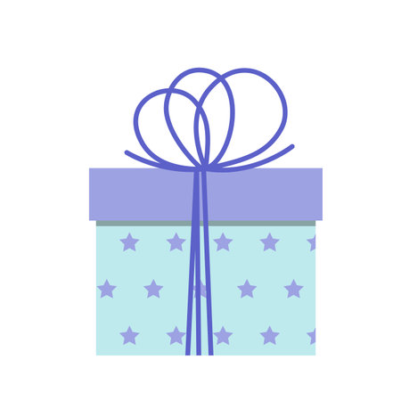 Gift box with stars. Blue present box with stars and blue bow. Flat, cartoon, vectorのイラスト素材