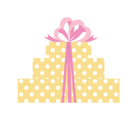 Three yellow gift boxes with white polka dots with big pink bow. Flat, vectorのイラスト素材