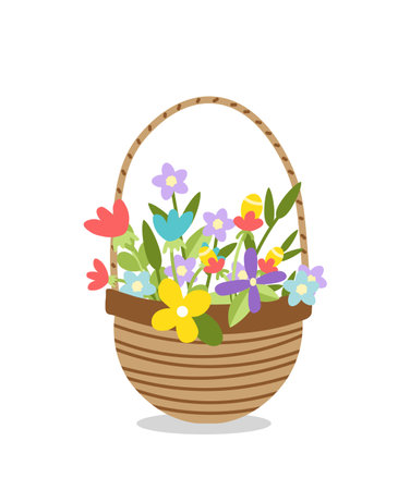 Wicker basket of spring or summer flowers. Woven floral basket. Flat, cartoon, isolatedのイラスト素材