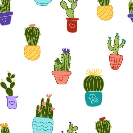 Cactus seamless pattern. Cacti. Flowering plants. Doodle, cartoon, vectorのイラスト素材