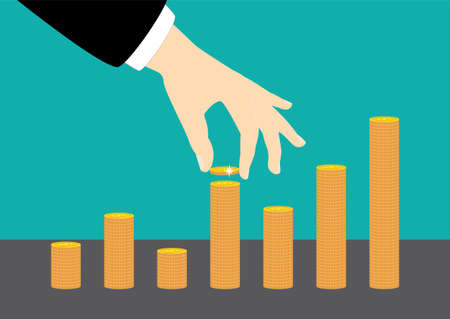 Hand puts gold coin on a stack. Income, profits. Flat, isolated, vector