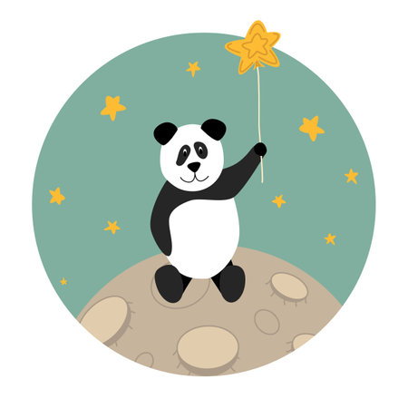 Panda on the moon for nursery room. Flat, cartoon, vectorのイラスト素材