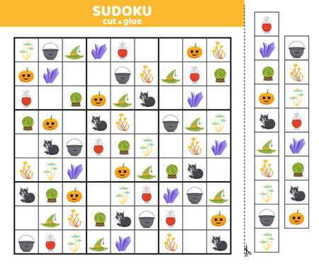 Sudoku game for children with nine cartoon pictures. Halloween sudoku. Cut and glueのイラスト素材