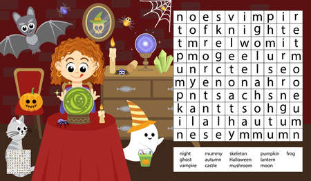 Witch. Soothsayer. Halloween word search game puzzle for kids. Cartoon, vectorのイラスト素材