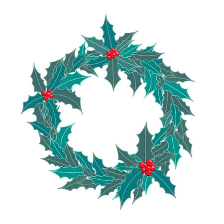 Christmas holly wreath. Ring with leaves and berries. Decoration. Flat, cartoon, vectorのイラスト素材