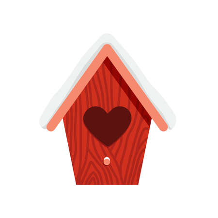 Birdhouse under snow. Red wooden nesting box. Starling house. Flat, cartoon, vectorのイラスト素材