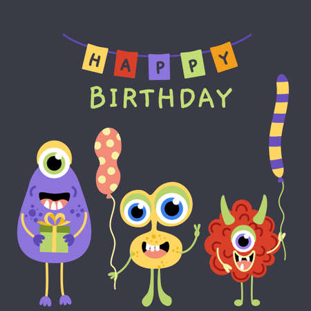 Happy Birthday card. Monster party. Monsters with gift, balloon. Flat, cartoon, vectorのイラスト素材