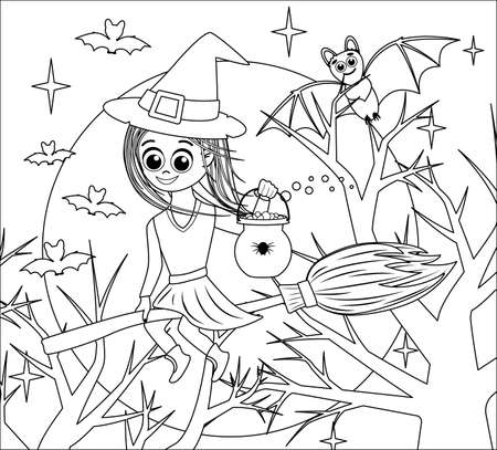 Witch on broom. Coloring book. Full moon night. Halloween. Black and white. Vectorのイラスト素材
