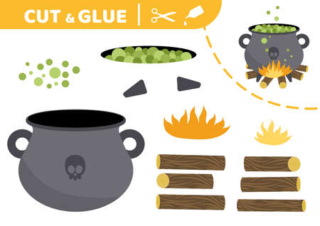 Witch cauldron. Cut and glue. Halloween. Application work. Paper game. Vectorのイラスト素材
