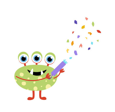 Monster party. Jolly green three-eyed monster with confetti firecracker. Flat, cartoon, vectorのイラスト素材
