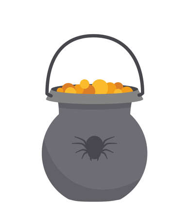 Bubbling cauldron with orange potion. Halloween. Cartoon, flat, vectorのイラスト素材