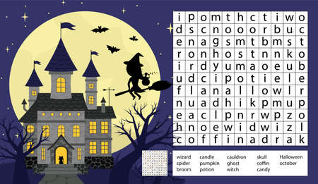 Halloween word search game puzzle for kids. Castle, night, moon. Cartoon, vectorのイラスト素材
