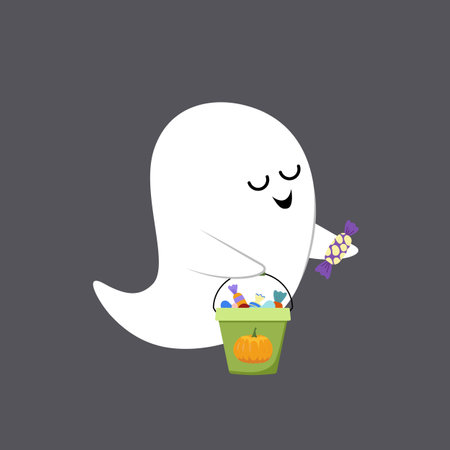 Satisfied ghost with pail of sweets. Halloween. Cartoon, flat, vectorのイラスト素材