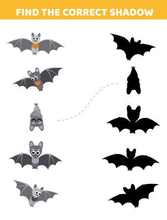 Bats. Find the correct shadow. Halloween. Shadow matching game. Cartoon, vectorのイラスト素材