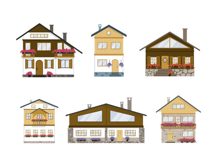 Set. Chalet. Swiss cottage. Alpine house. Flat, cartoon, vectorのイラスト素材
