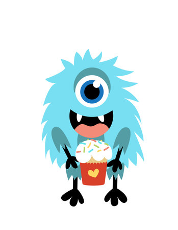 Monster. Blue monocular monster with cupcake. Flat, cartoon, vectorのイラスト素材
