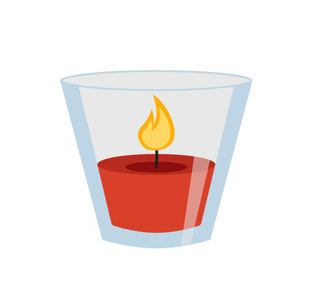 Red candle in glass. Burning candle. Cartoon, flat, vectorのイラスト素材