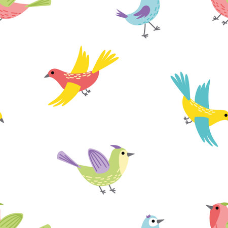 Bird. Seamless pattern with colorful bright birds. Flat, cartoon, vectorのイラスト素材