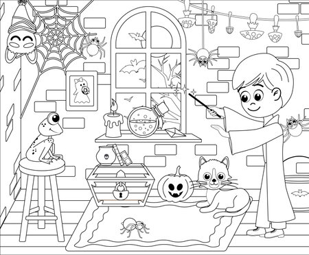 Wizard is conjuring frog coloring page. Halloween. Black and white. Vectorのイラスト素材