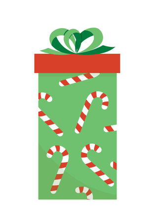 Green gift with candy canes. Christmas present with bow. Flat, cartoon, vectorのイラスト素材