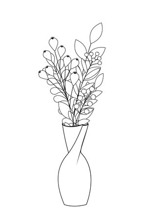 Bouquet in vase coloring page. Black and white bouquet with berries and leaves. Vectorのイラスト素材