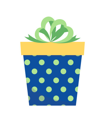 Blue gift box with polka dots and big green bow. Present. Flat, cartoon, vectorのイラスト素材